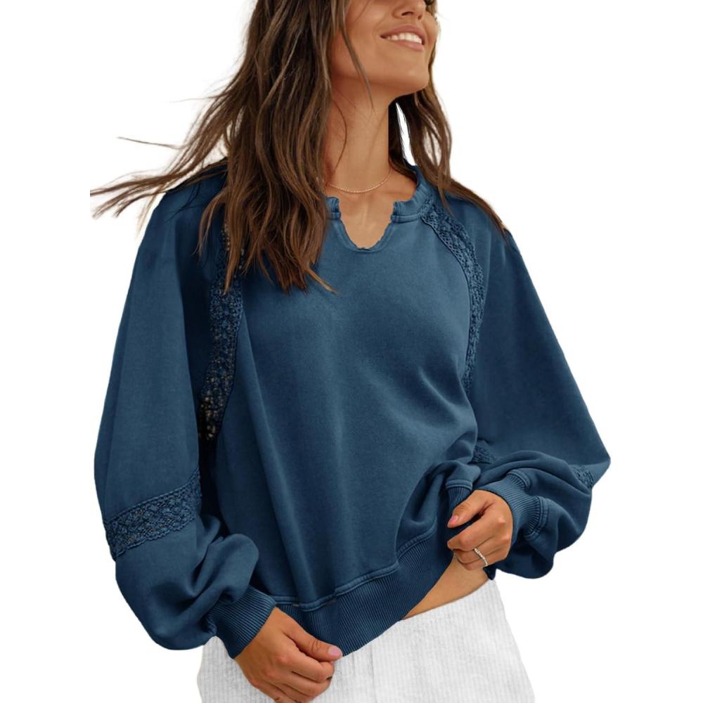 image:imageFisoew Womens Oversized Sweatshirt Casual V Neck Lace Lantern Long Sleeve Cropped Loose Fit Fall Pullover TopsNavy