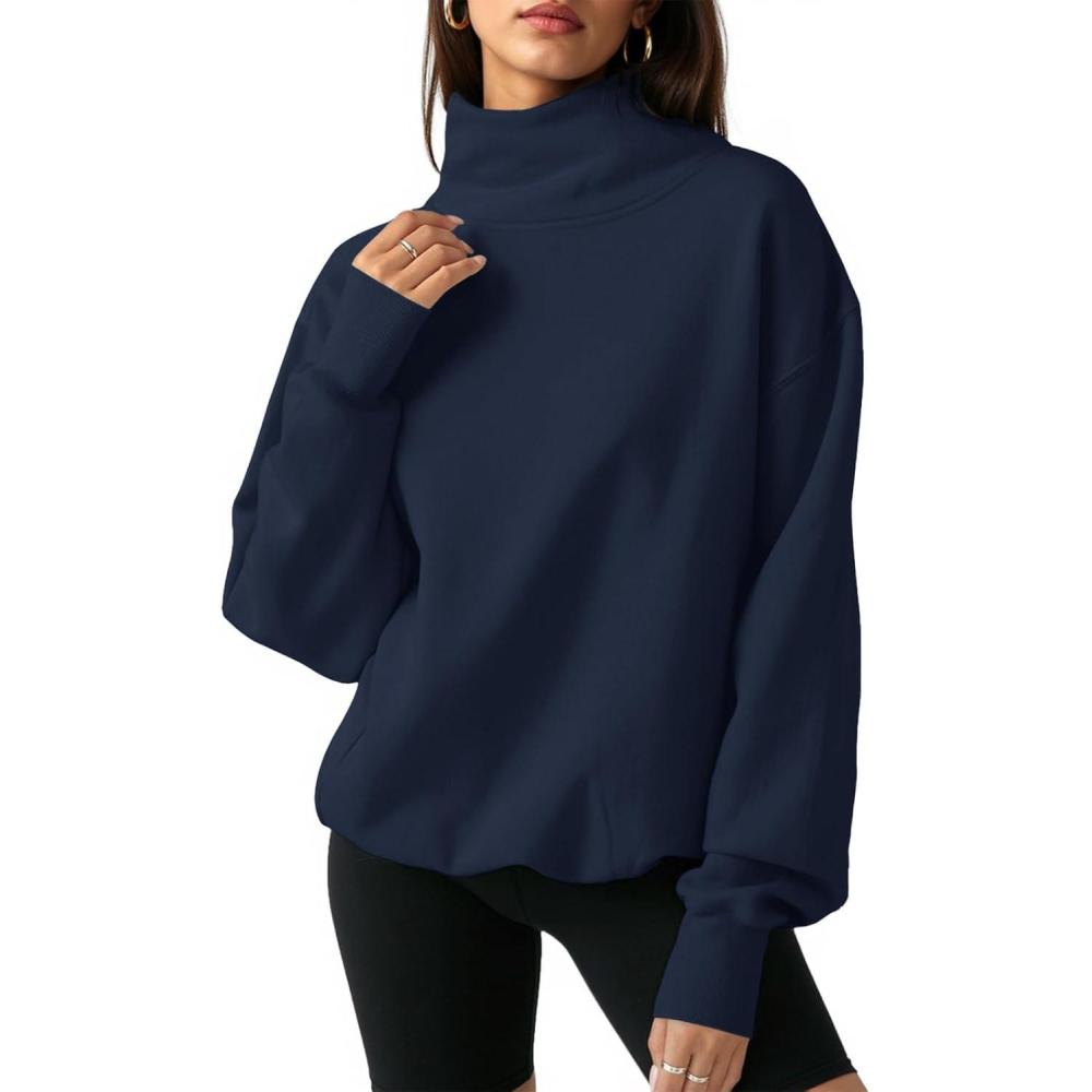 image:imageFisoew Womens Oversized Turtleneck Sweatshirt Long Sleeve Pullover Casual TopsNavy