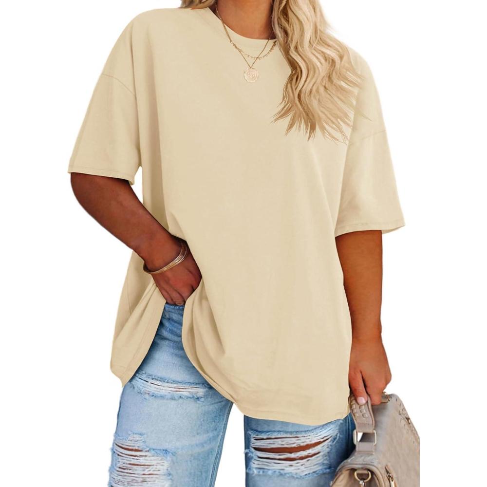 image:imageFisoew Womens Plus Size T Shirts Oversized Tees Summer Half Sleeve Crew Neck Tunic TopsBeige