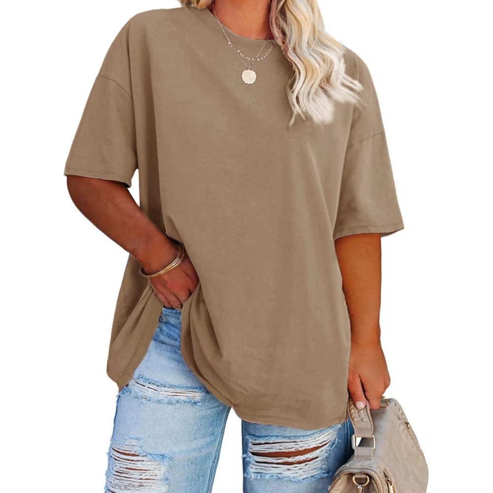 image:imageFisoew Womens Plus Size T Shirts Oversized Tees Summer Half Sleeve Crew Neck Tunic TopsKhaki