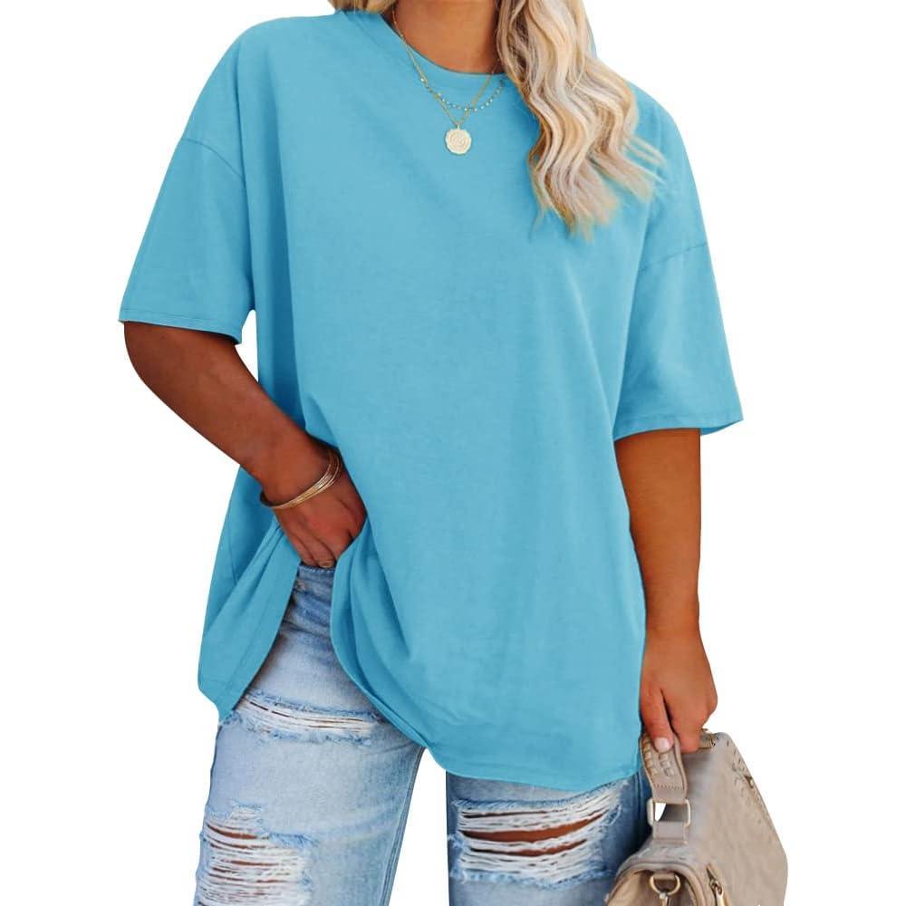 image:imageFisoew Womens Plus Size T Shirts Oversized Tees Summer Half Sleeve Crew Neck Tunic TopsLight Blue