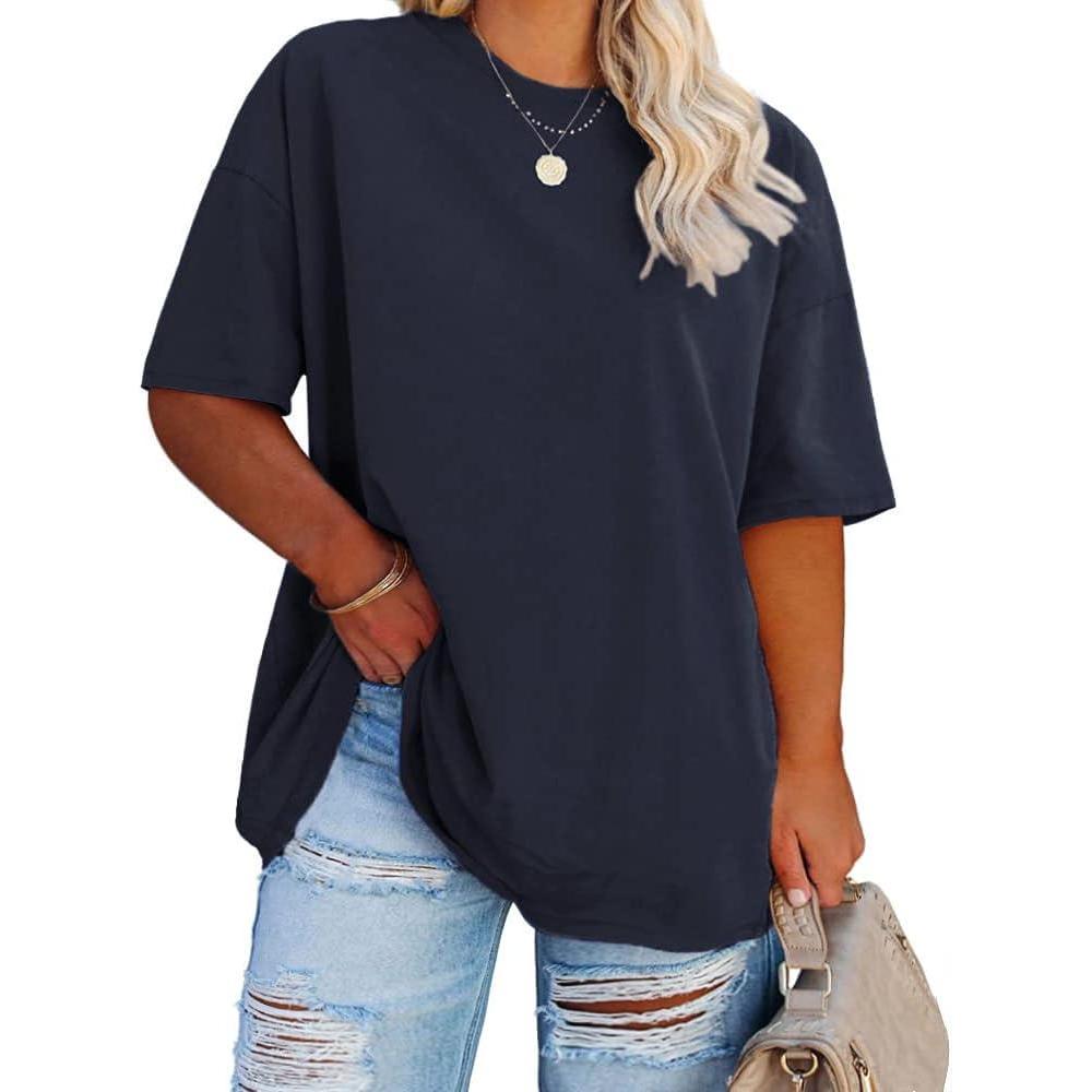 image:imageFisoew Womens Plus Size T Shirts Oversized Tees Summer Half Sleeve Crew Neck Tunic TopsNavy Blue