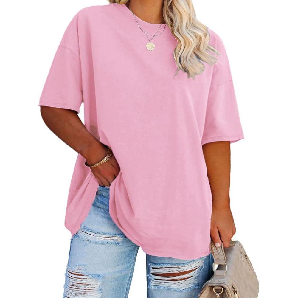 image:imageFisoew Womens Plus Size T Shirts Oversized Tees Summer Half Sleeve Crew Neck Tunic TopsPink