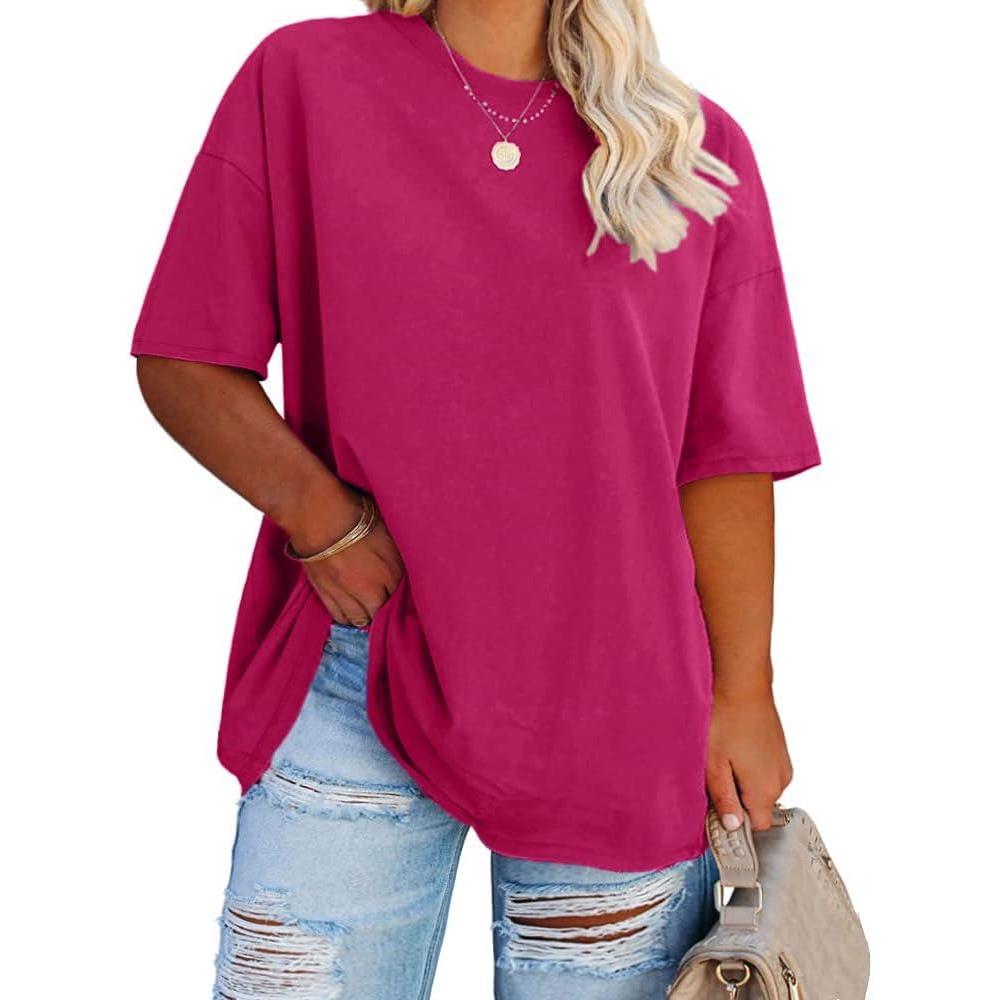image:imageFisoew Womens Plus Size T Shirts Oversized Tees Summer Half Sleeve Crew Neck Tunic TopsRose Red