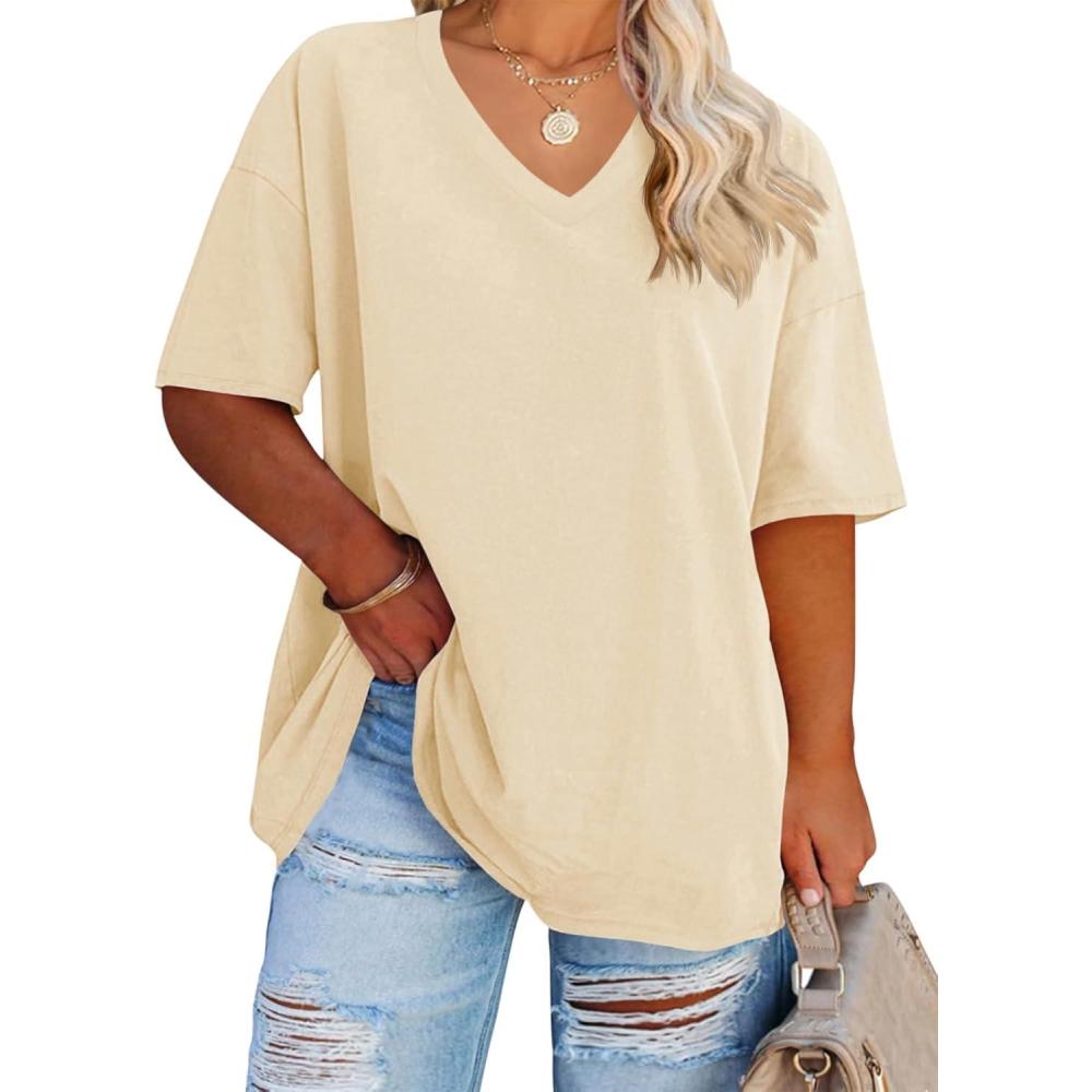 image:imageFisoew Womens Plus Size V Neck T Shirts Summer Half Sleeve Tees Casual Loose Fit Cotton Tunic TopsBeige