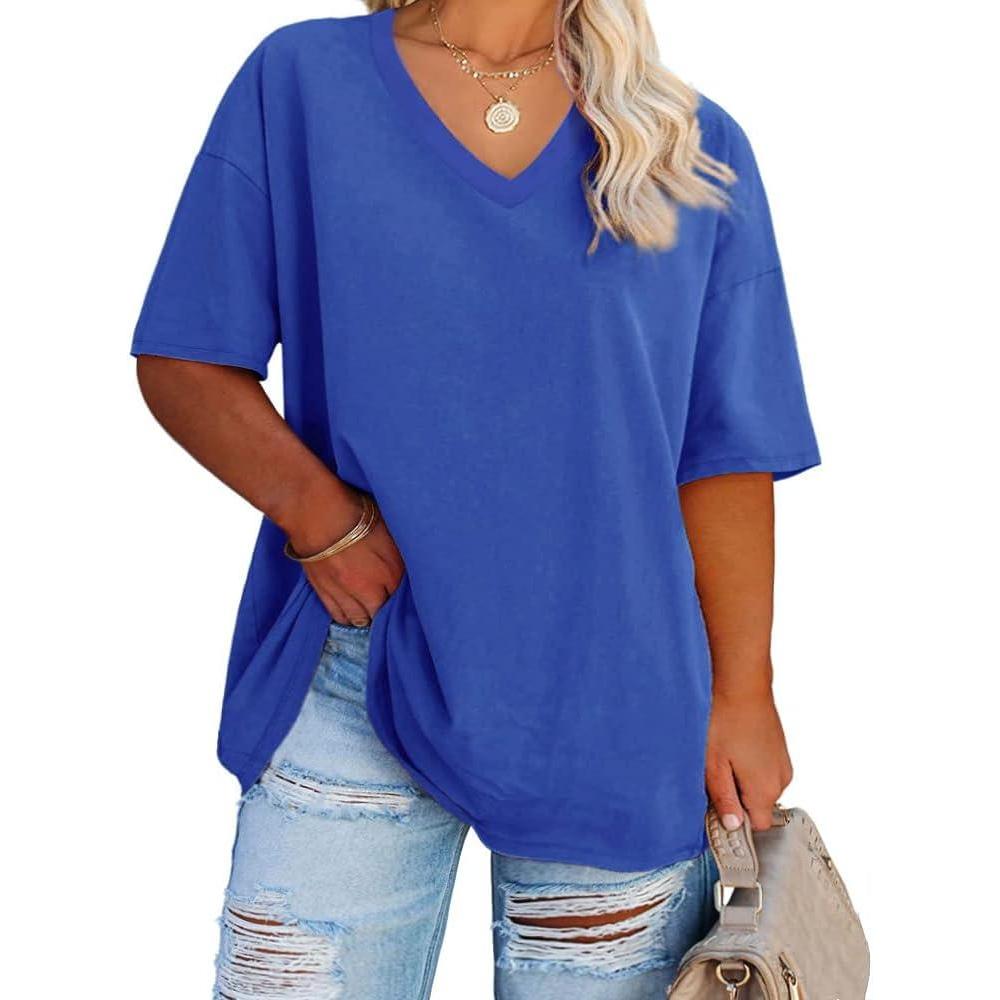image:imageFisoew Womens Plus Size V Neck T Shirts Summer Half Sleeve Tees Casual Loose Fit Cotton Tunic TopsBlue