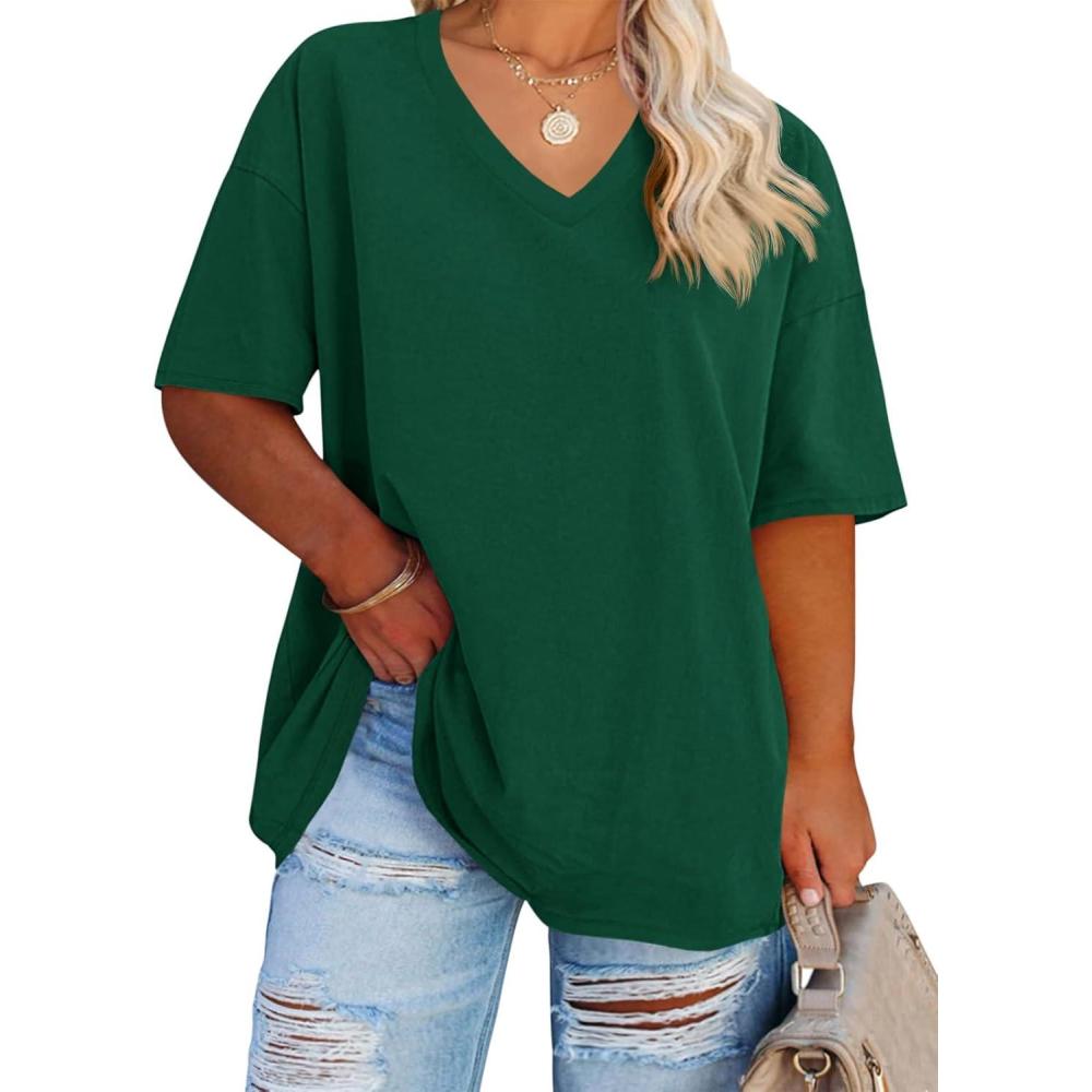 image:imageFisoew Womens Plus Size V Neck T Shirts Summer Half Sleeve Tees Casual Loose Fit Cotton Tunic TopsDark Green