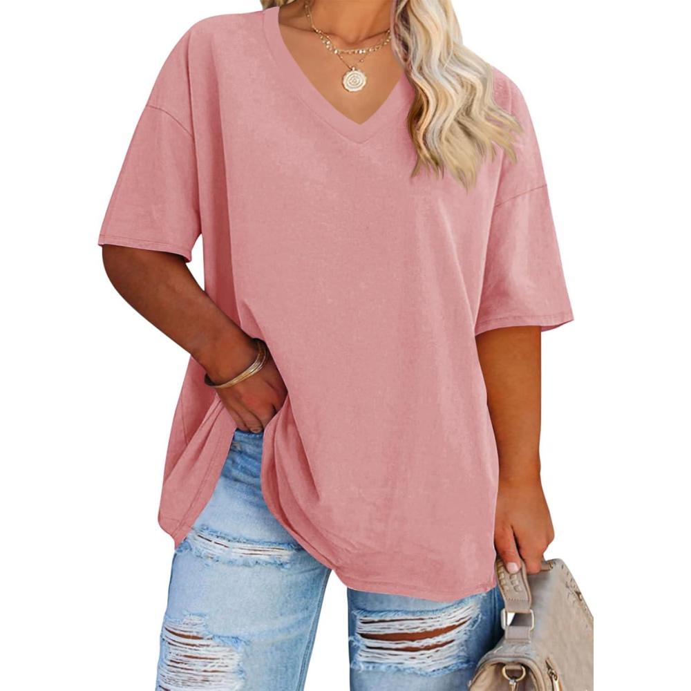 image:imageFisoew Womens Plus Size V Neck T Shirts Summer Half Sleeve Tees Casual Loose Fit Cotton Tunic TopsDusty Pink