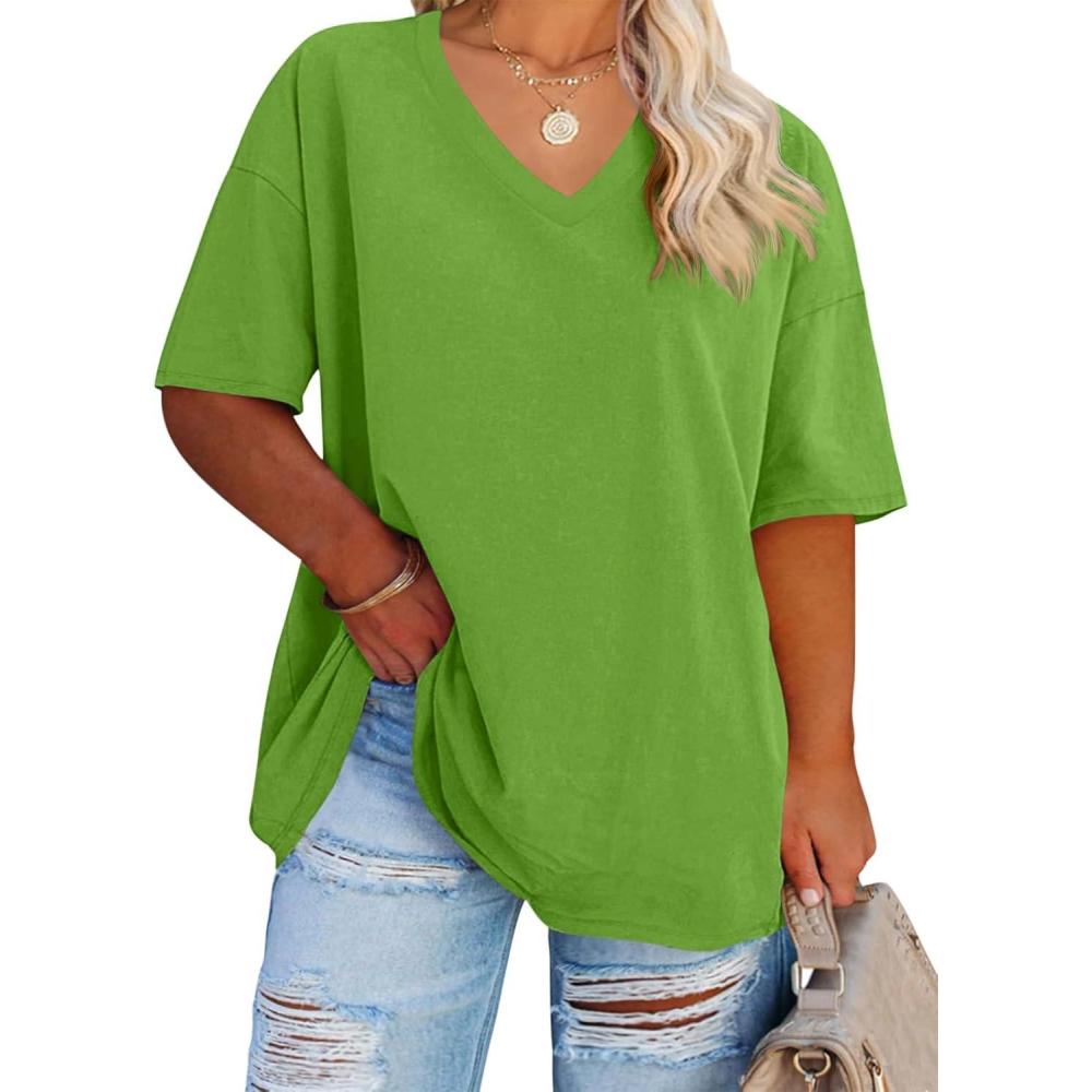 image:imageFisoew Womens Plus Size V Neck T Shirts Summer Half Sleeve Tees Casual Loose Fit Cotton Tunic TopsGrass Green