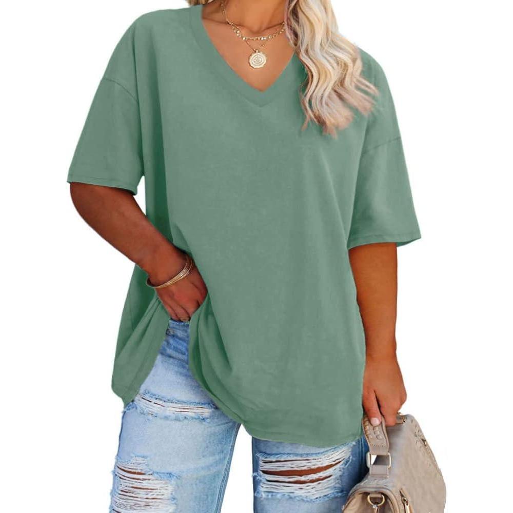 image:imageFisoew Womens Plus Size V Neck T Shirts Summer Half Sleeve Tees Casual Loose Fit Cotton Tunic TopsGreen