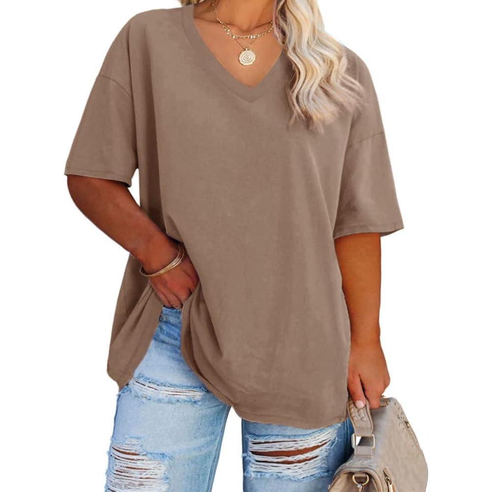 image:imageFisoew Womens Plus Size V Neck T Shirts Summer Half Sleeve Tees Casual Loose Fit Cotton Tunic TopsKhaki
