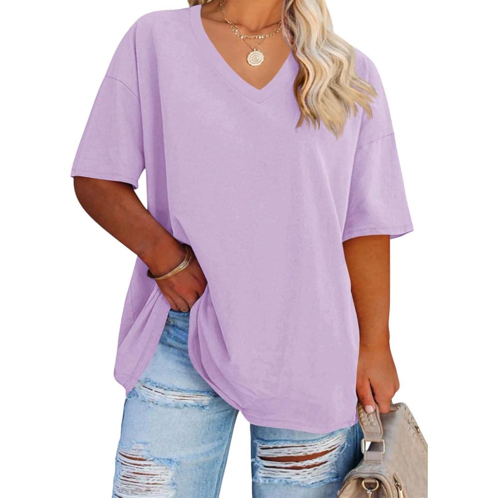 image:imageFisoew Womens Plus Size V Neck T Shirts Summer Half Sleeve Tees Casual Loose Fit Cotton Tunic TopsLavender