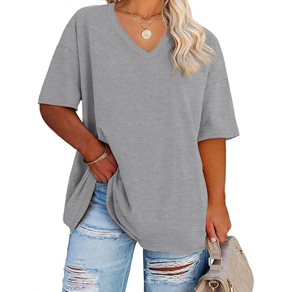 image:imageFisoew Womens Plus Size V Neck T Shirts Summer Half Sleeve Tees Casual Loose Fit Cotton Tunic TopsLight Grey