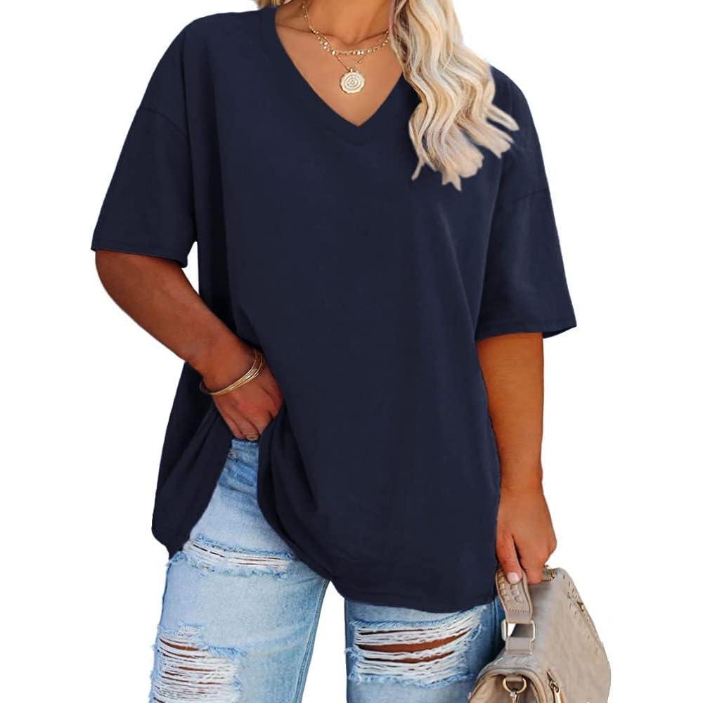 image:imageFisoew Womens Plus Size V Neck T Shirts Summer Half Sleeve Tees Casual Loose Fit Cotton Tunic TopsNavy Blue