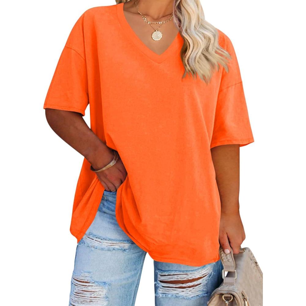 image:imageFisoew Womens Plus Size V Neck T Shirts Summer Half Sleeve Tees Casual Loose Fit Cotton Tunic TopsPumpkin Orange