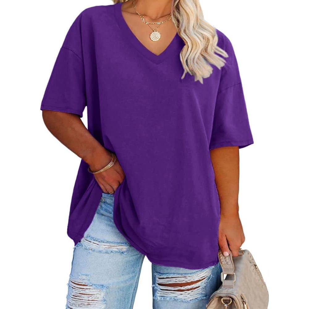 image:imageFisoew Womens Plus Size V Neck T Shirts Summer Half Sleeve Tees Casual Loose Fit Cotton Tunic TopsPurple