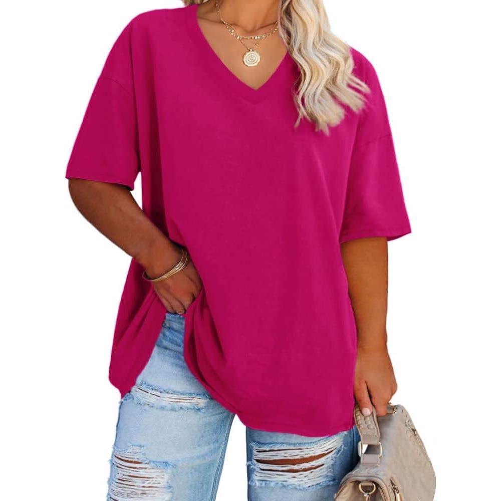 image:imageFisoew Womens Plus Size V Neck T Shirts Summer Half Sleeve Tees Casual Loose Fit Cotton Tunic TopsRose Red