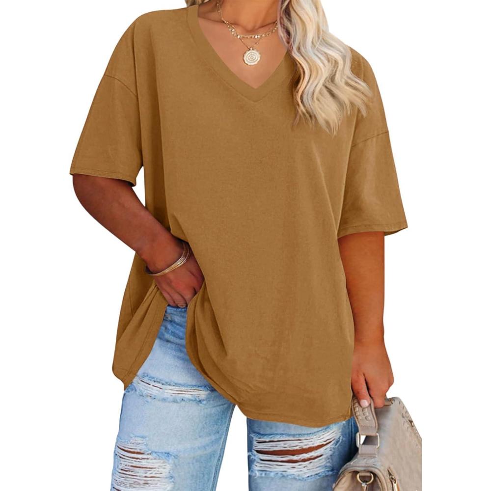 image:imageFisoew Womens Plus Size V Neck T Shirts Summer Half Sleeve Tees Casual Loose Fit Cotton Tunic TopsTan