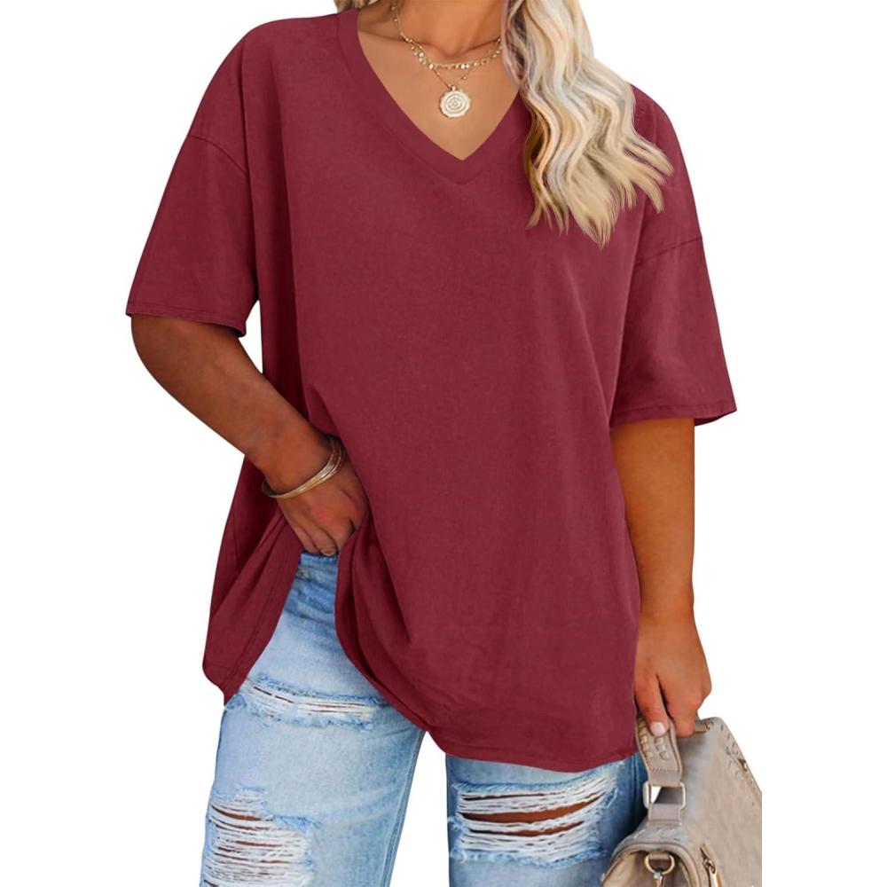 image:imageFisoew Womens Plus Size V Neck T Shirts Summer Half Sleeve Tees Casual Loose Fit Cotton Tunic TopsWine Red
