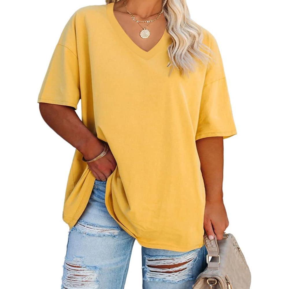 image:imageFisoew Womens Plus Size V Neck T Shirts Summer Half Sleeve Tees Casual Loose Fit Cotton Tunic TopsYellow