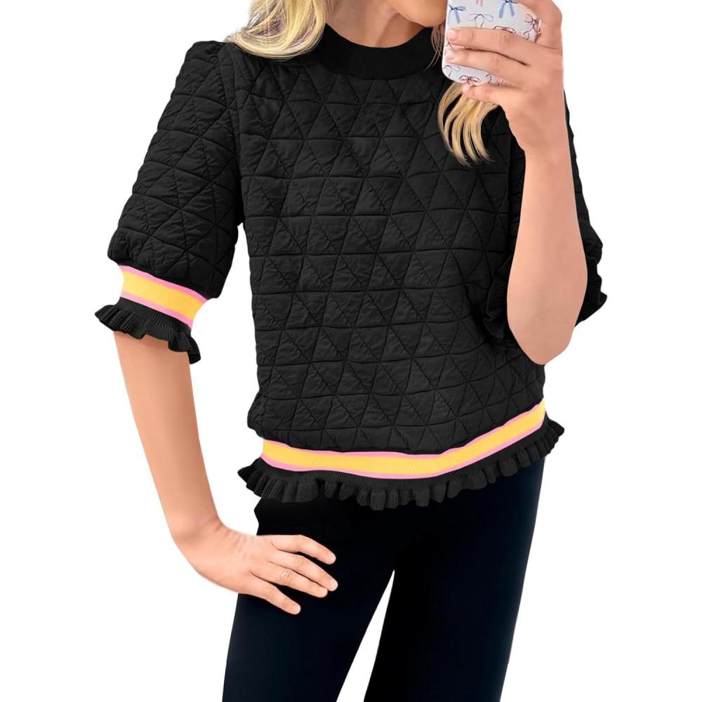 image:imageFisoew Womens Quilted Pattern Cropped Sweatshirts Casual Crewneck Half Lantern Sleeve Textured Ruffle Loose Pullover TopsBlack