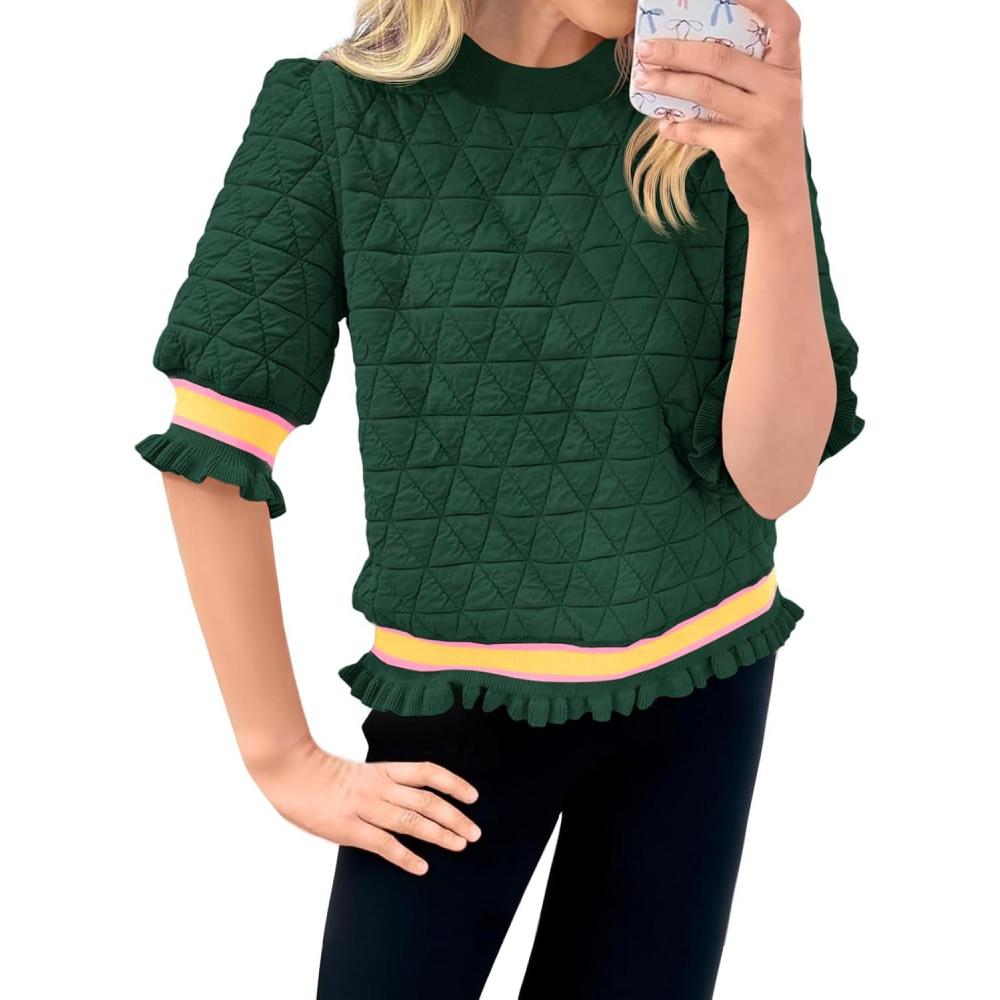 image:imageFisoew Womens Quilted Pattern Cropped Sweatshirts Casual Crewneck Half Lantern Sleeve Textured Ruffle Loose Pullover TopsDark Green