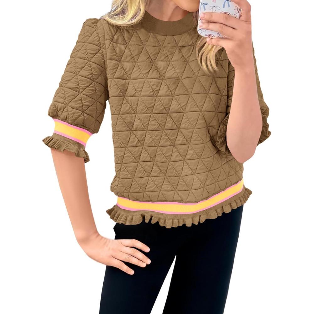 image:imageFisoew Womens Quilted Pattern Cropped Sweatshirts Casual Crewneck Half Lantern Sleeve Textured Ruffle Loose Pullover TopsDark Khaki