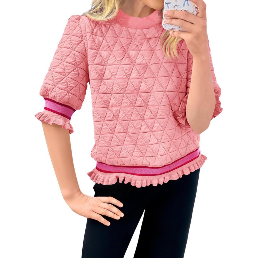 image:imageFisoew Womens Quilted Pattern Cropped Sweatshirts Casual Crewneck Half Lantern Sleeve Textured Ruffle Loose Pullover TopsPink