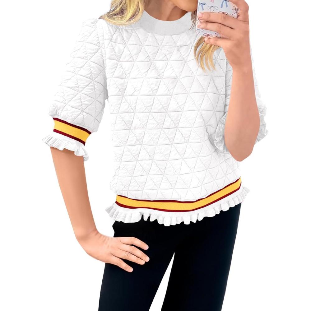 image:imageFisoew Womens Quilted Pattern Cropped Sweatshirts Casual Crewneck Half Lantern Sleeve Textured Ruffle Loose Pullover TopsWhite