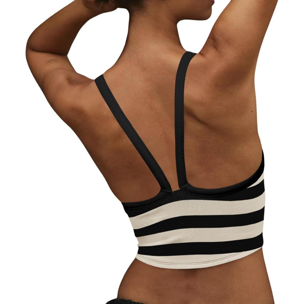 image:imageFisoew Womens Scoop Neck Striped Crop Tank Tops Crossed V Racerback Cami Workout Yoga Athletic Longline Sports Tops Black