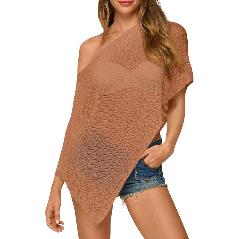 image:imageFisoew Womens Sheer Poncho Top Lightweight Knit Bolero Shrug Mesh Off The Shoulder Y2K Going Out Beach Swimsuit CoverupCamel