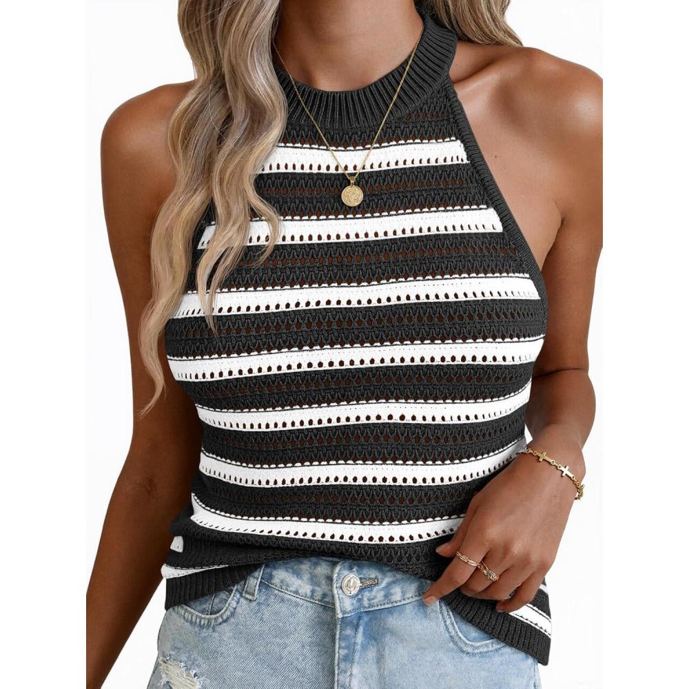 image:imageFisoew Womens Summer Crochet Halter Tops Striped Sleeveless Tank Top Casual Knit Hollow Out Camisole Loose Sweater VestBlack