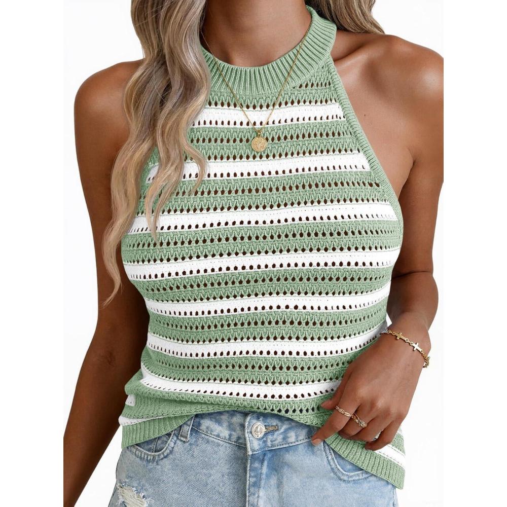 image:imageFisoew Womens Summer Crochet Halter Tops Striped Sleeveless Tank Top Casual Knit Hollow Out Camisole Loose Sweater VestGreen