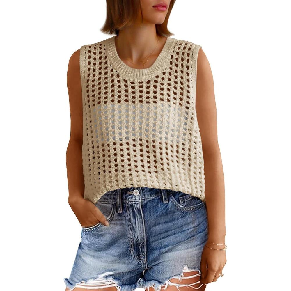 image:imageFisoew Womens Summer Crochet Tank Tops Sleeveless Scoop Neck Loose Knit Sweater Vest Boho Hollow Out Beach Cover UpsBeige