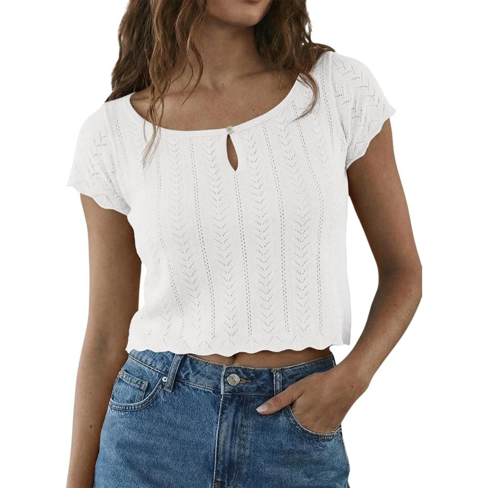 image:imageFisoew Womens Y2K Crop Tops Short Sleeve Scoop Neck Coquette T Shirt Casual Summer Pullover Sweater Pointelle OutfitsWhite