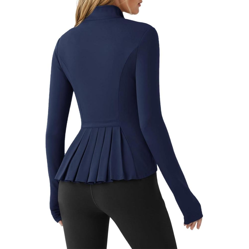 image:imageFisoew Womens Zip Up Workout Jacket Pleated Lightweight Slim Fit Stand Collar Thumb Hole Tops with PocketsNavy