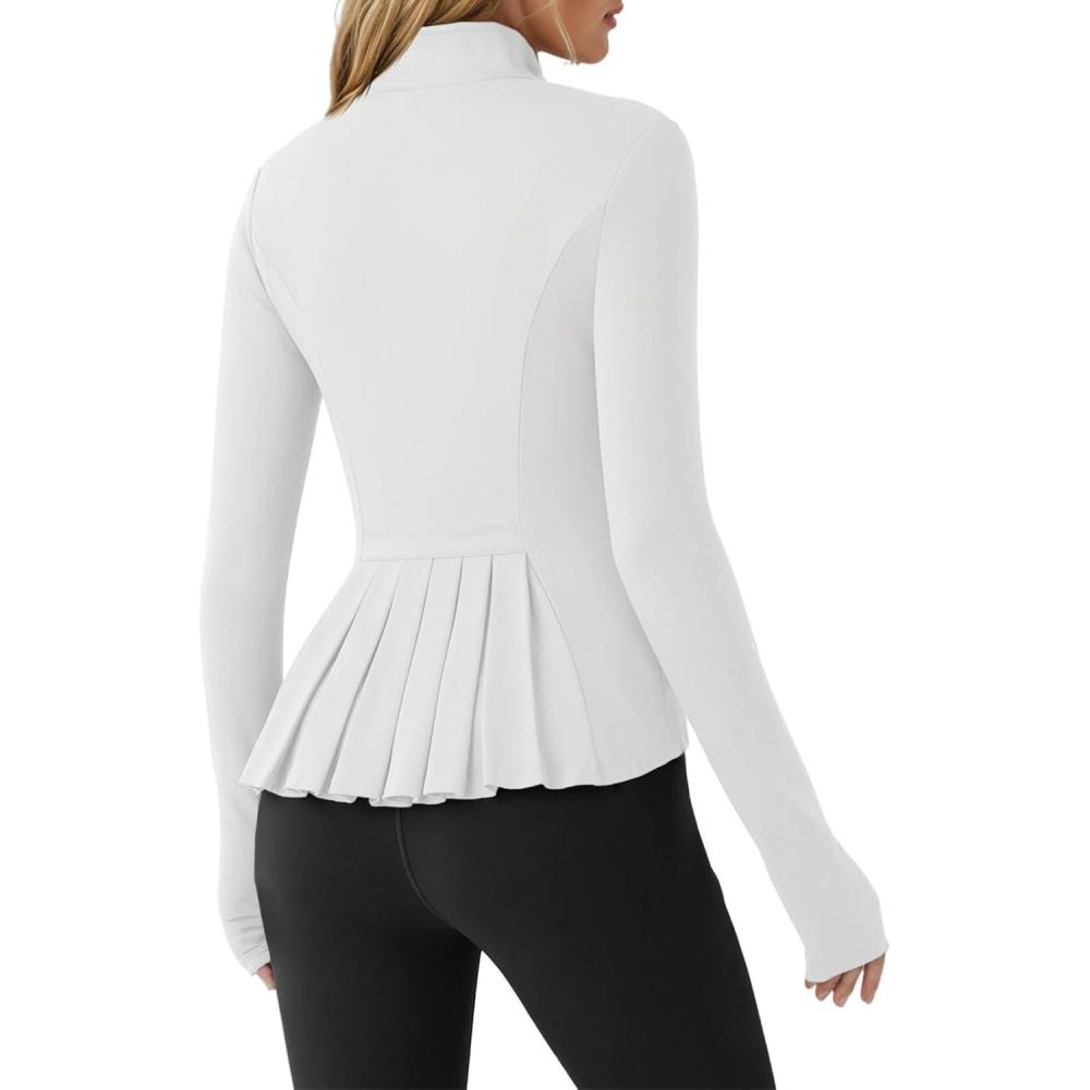 image:imageFisoew Womens Zip Up Workout Jacket Pleated Lightweight Slim Fit Stand Collar Thumb Hole Tops with PocketsWhite