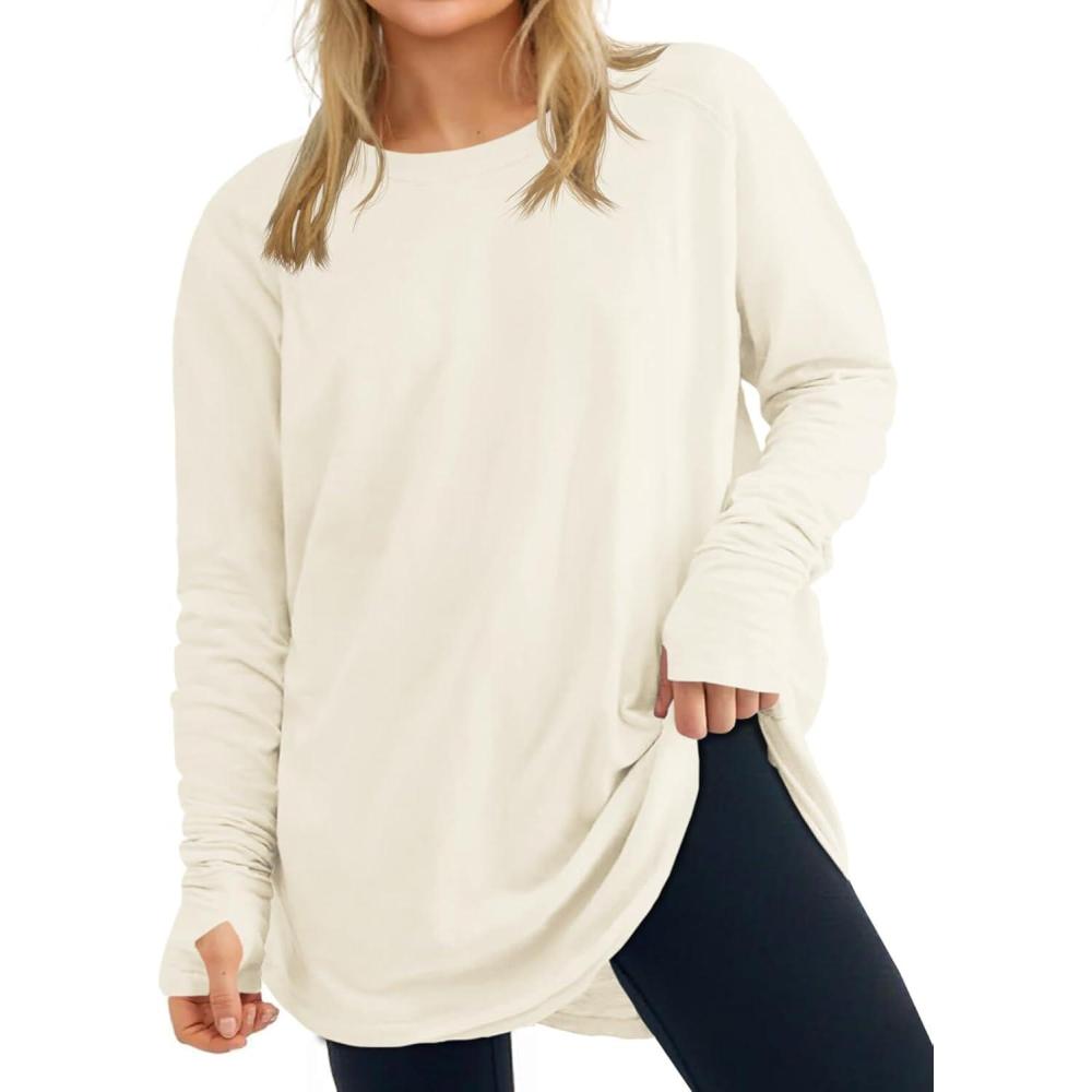 image:imageWomens Plus Size Long Sleeve Tunic Top Crew Neck Summer Oversized Fit Basic T Shirts BlouseBeige
