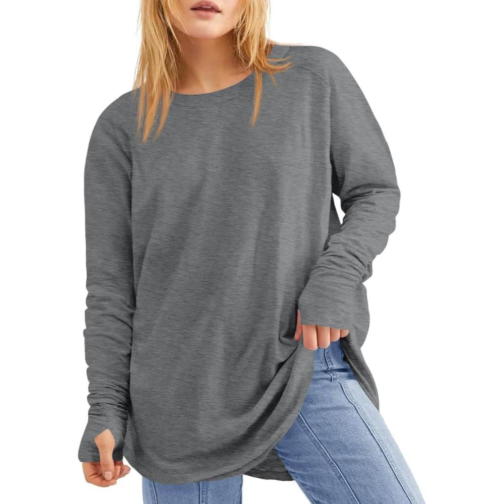 image:imageWomens Plus Size Long Sleeve Tunic Top Crew Neck Summer Oversized Fit Basic T Shirts BlouseDark Grey