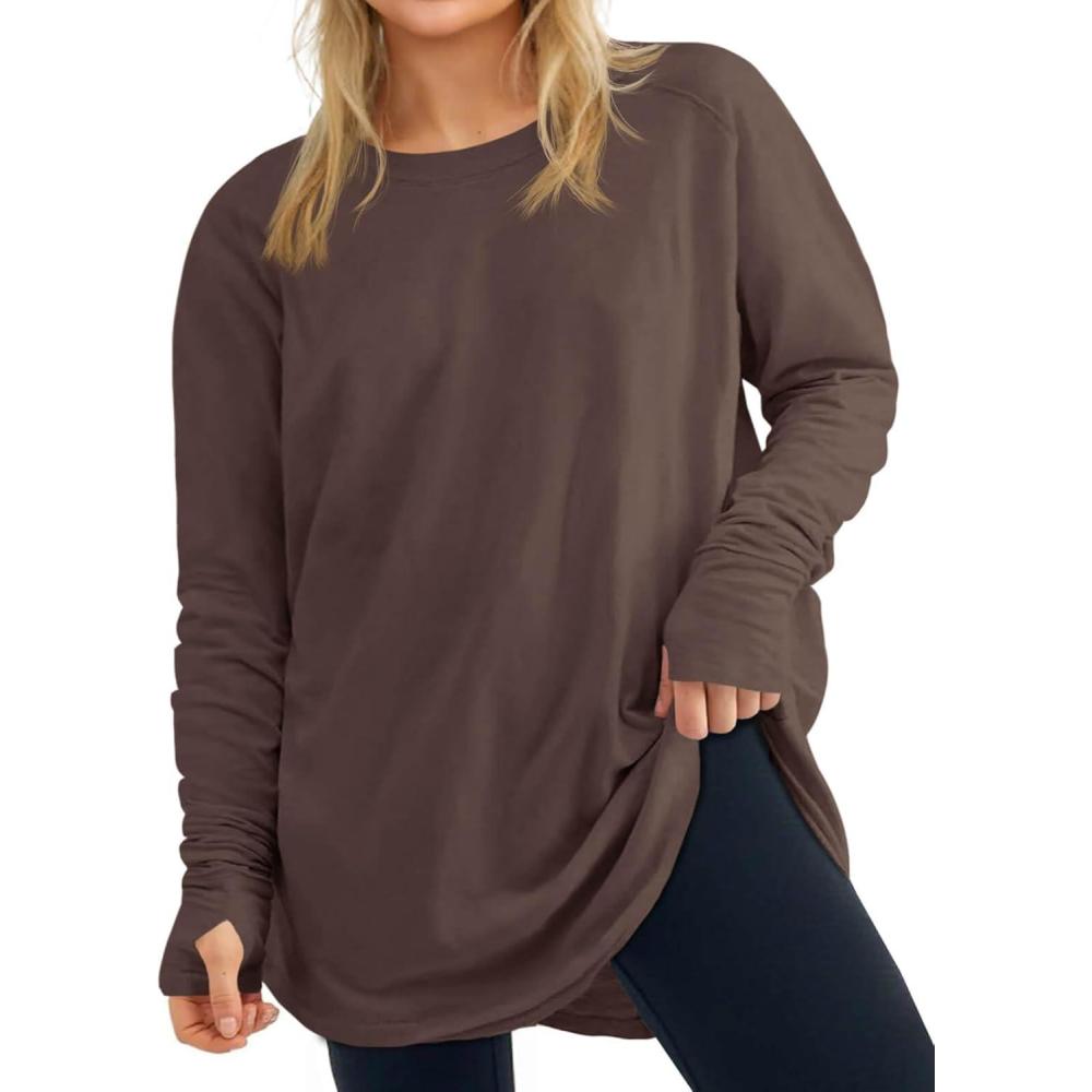 image:imageWomens Plus Size Long Sleeve Tunic Top Crew Neck Summer Oversized Fit Basic T Shirts BlouseDeep Coffee
