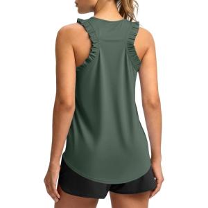 Fisoew Women Summer Workout Tank Tops Ruffle Sleeveless Racerback Crewneck Casual Loose Running Gym Athletic Tee Shirts(Army Green)