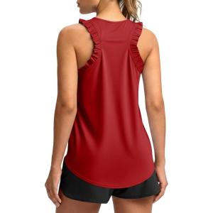 Fisoew Women Summer Workout Tank Tops Ruffle Sleeveless Racerback Crewneck Casual Loose Running Gym Athletic Tee Shirts(Red)