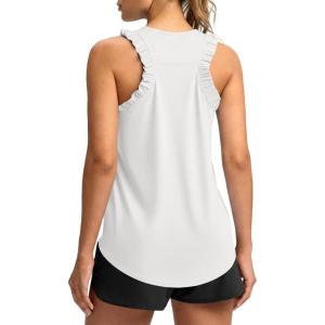 Fisoew Women Summer Workout Tank Tops Ruffle Sleeveless Racerback Crewneck Casual Loose Running Gym Athletic Tee Shirts(White)