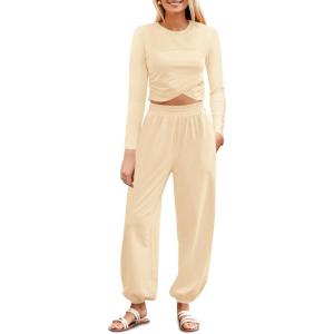 Fisoew Women’s 2 Piece Lounge Sets Casual Long Sleeve Crossover Crop Tops Jogger Pants Tracksuits Outfits(Beige)