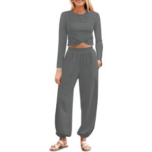 Fisoew Women’s 2 Piece Lounge Sets Casual Long Sleeve Crossover Crop Tops Jogger Pants Tracksuits Outfits(Grey)