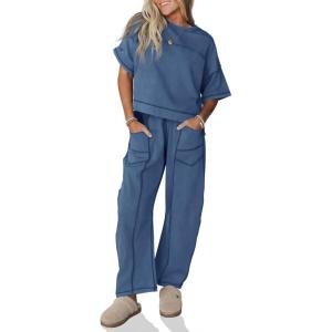 Fisoew Womens 2 Piece Outfits Lounge Sets Short Sleeve Tops and Wide Leg Pants Travel Vacation Casual Matching Sets(Grayish Blue)