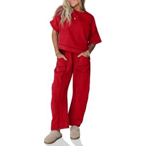Fisoew Womens 2 Piece Outfits Lounge Sets Short Sleeve Tops and Wide Leg Pants Travel Vacation Casual Matching Sets(Red)