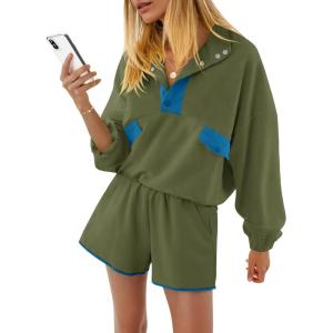 Fisoew Womens 2 Piece Sets Sweatsuits Casual Half Button Color Block Sweatshirts Running Shorts Tracksuits Fall Outfits(Army Green)