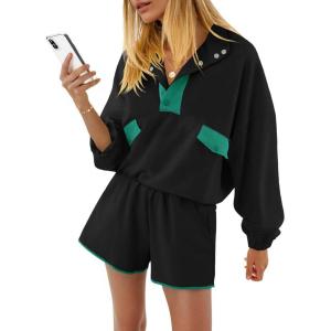 Fisoew Womens 2 Piece Sets Sweatsuits Casual Half Button Color Block Sweatshirts Running Shorts Tracksuits Fall Outfits(Black)