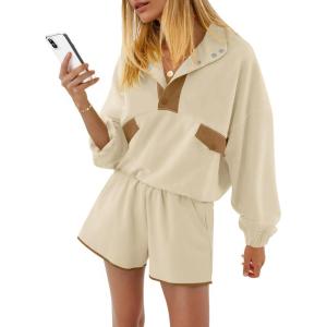 Fisoew Womens 2 Piece Sets Sweatsuits Casual Half Button Color Block Sweatshirts Running Shorts Tracksuits Fall Outfits(Khaki)